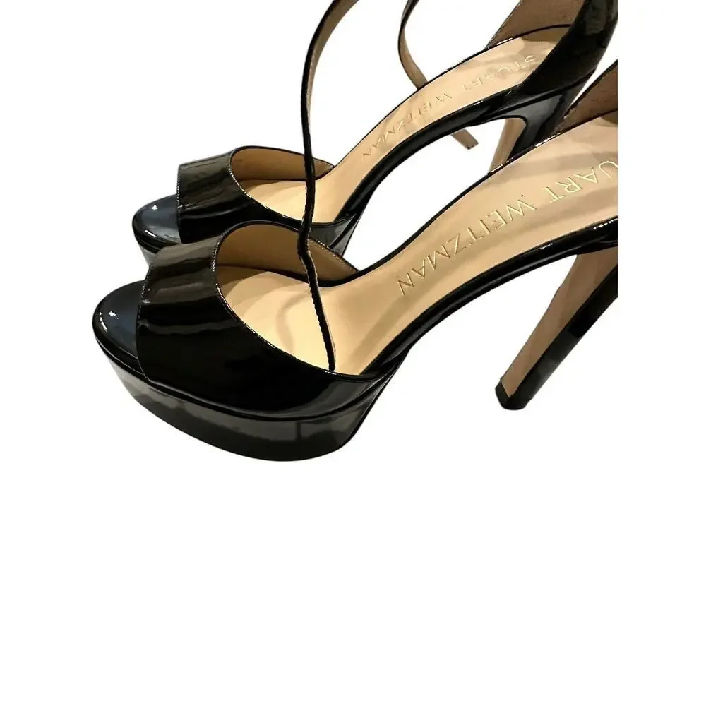 Stuart Weitzman DiscoPlatform Black Patent Leather Sandals Sz 9 $595 NEW